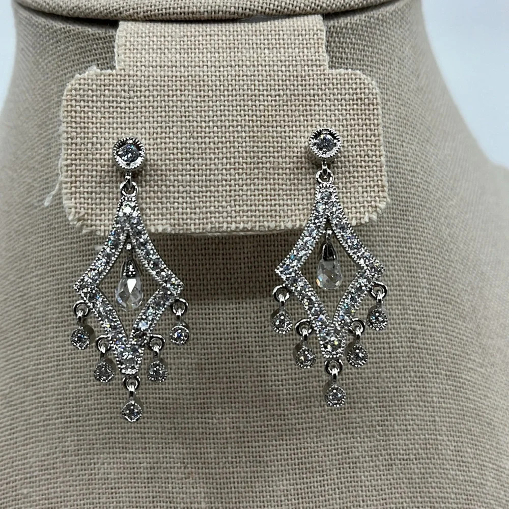 Vintage Silver Crystal Filigree Drop Earrings